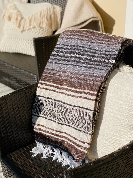 Handwoven Textured Fringe Throw - Mocha/Tan/Charcoal